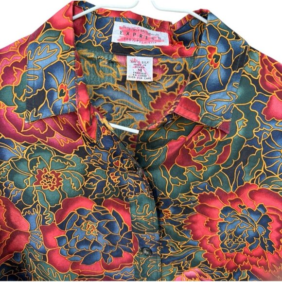 Vtg Express Silk Tunic Top Womens Medium Floral Colorful Long Sleeve Bold 90s - Picture 2 of 5